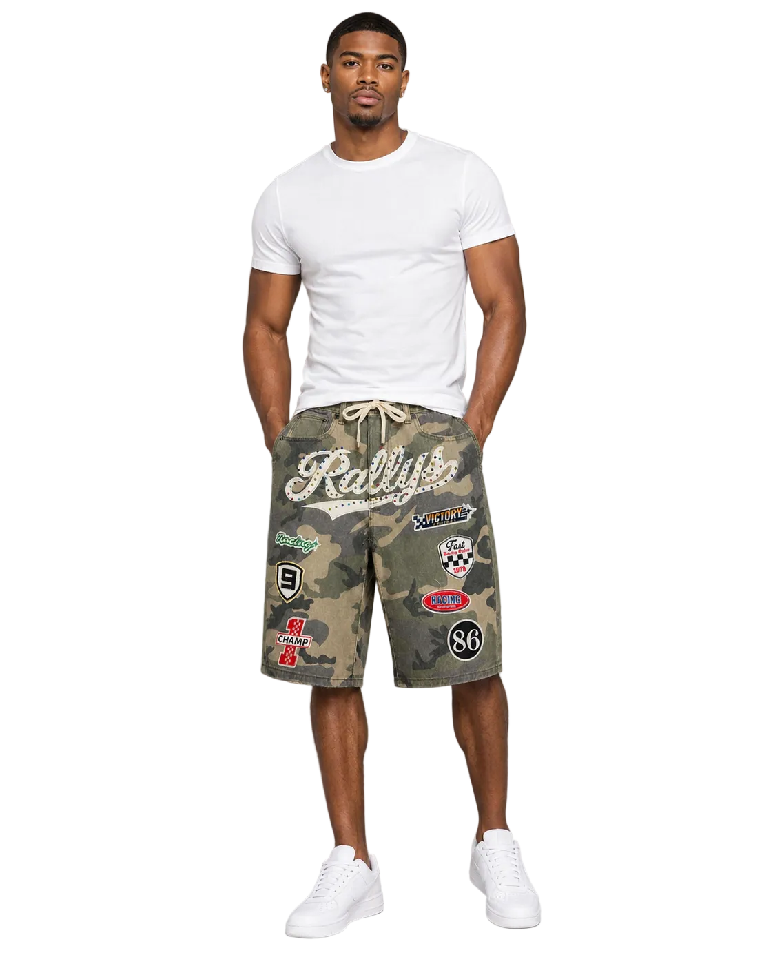 Kindred Patch Denim Shorts in camo denim with racing patches and front script graphic