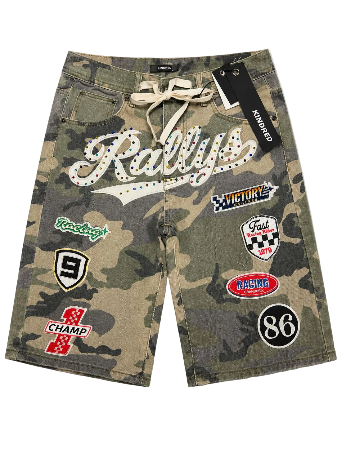 Kindred Patch Denim Shorts in camo denim with racing patches and front script graphic