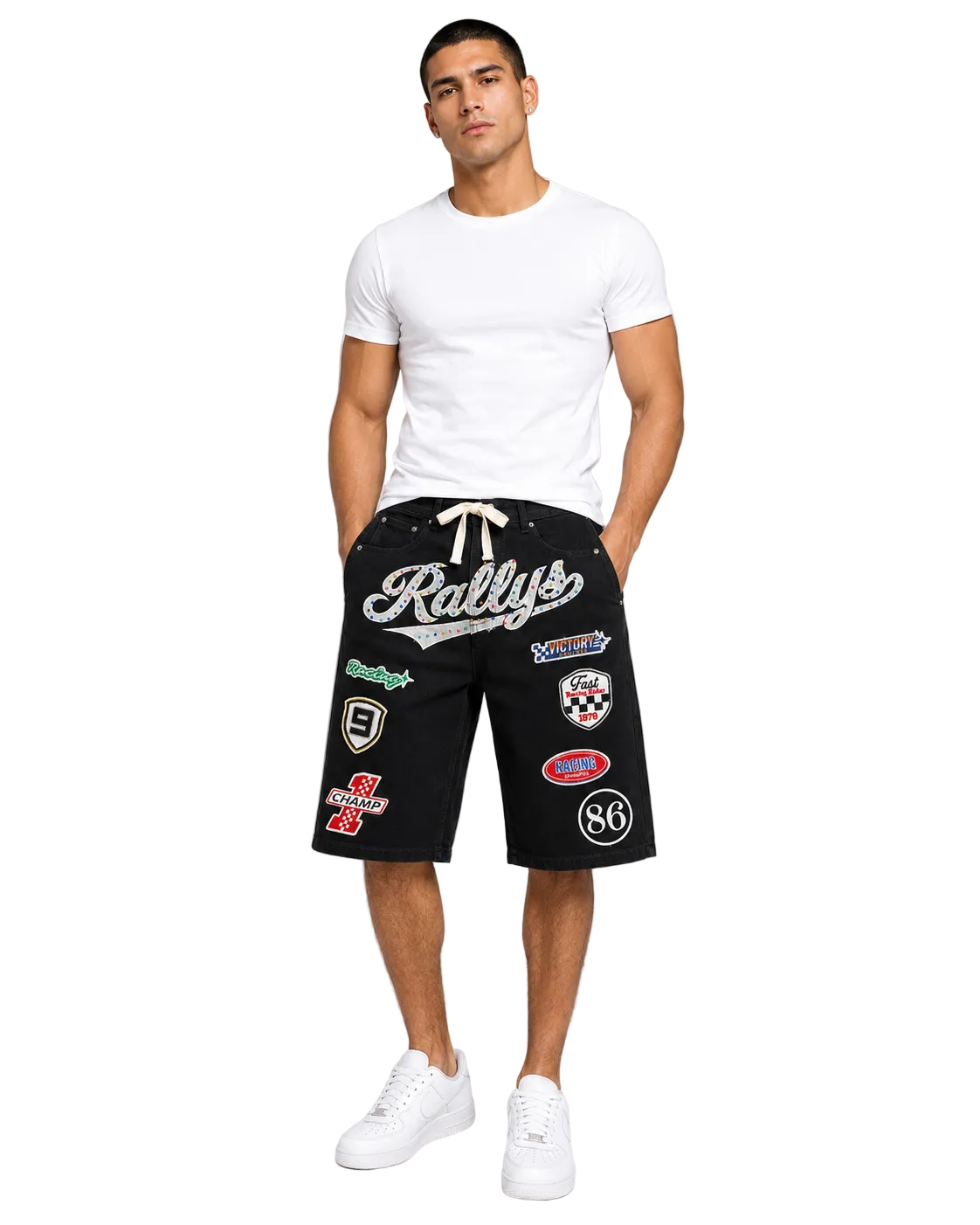 KD Patch Denim Shorts in jet black denim with racing patches and front script graphic