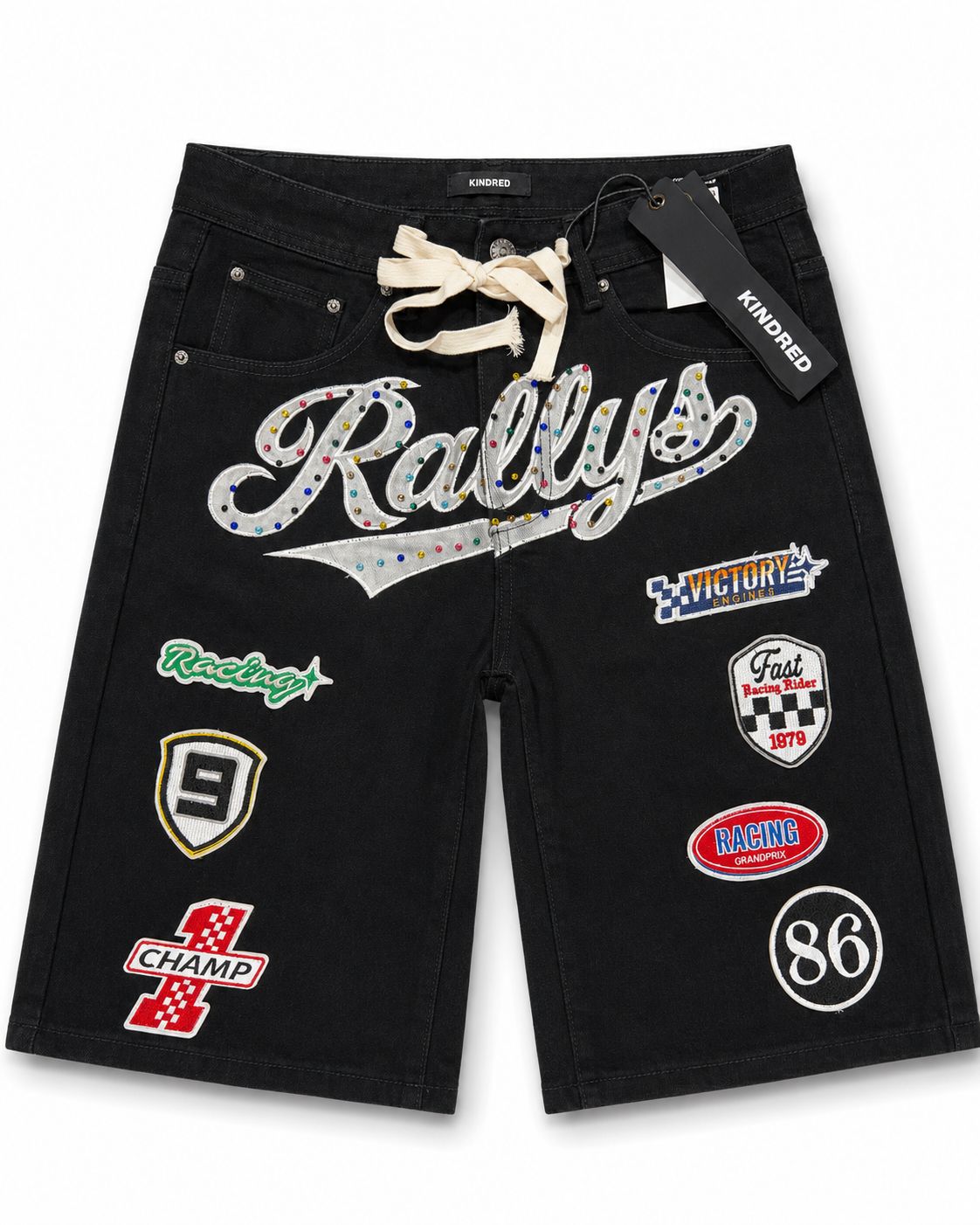 KD Patch Denim Shorts in jet black denim with racing patches and front script graphic