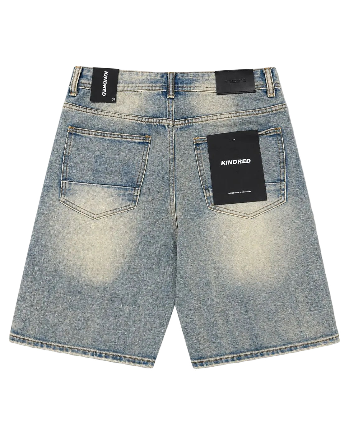 Kindred Patch Denim Shorts in vintage wash with racing patches and front script graphic