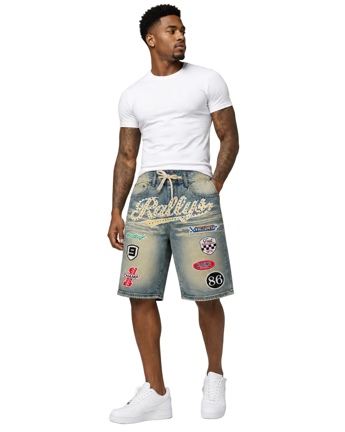 Kindred Patch Denim Shorts in vintage wash with racing patches and front script graphic