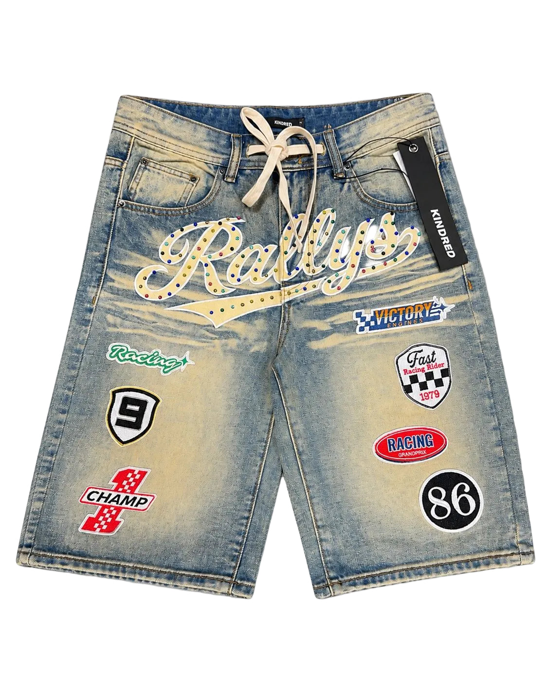 Kindred Patch Denim Shorts in vintage wash with racing patches and front script graphic