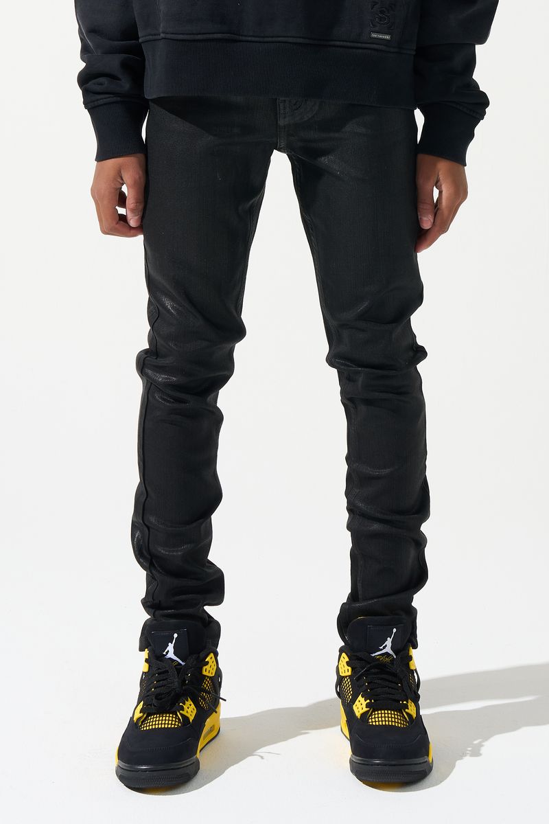 SERENEDE® Kids Onyx fitted black jeans with wax finish, five-pocket styling, and signature branded details.