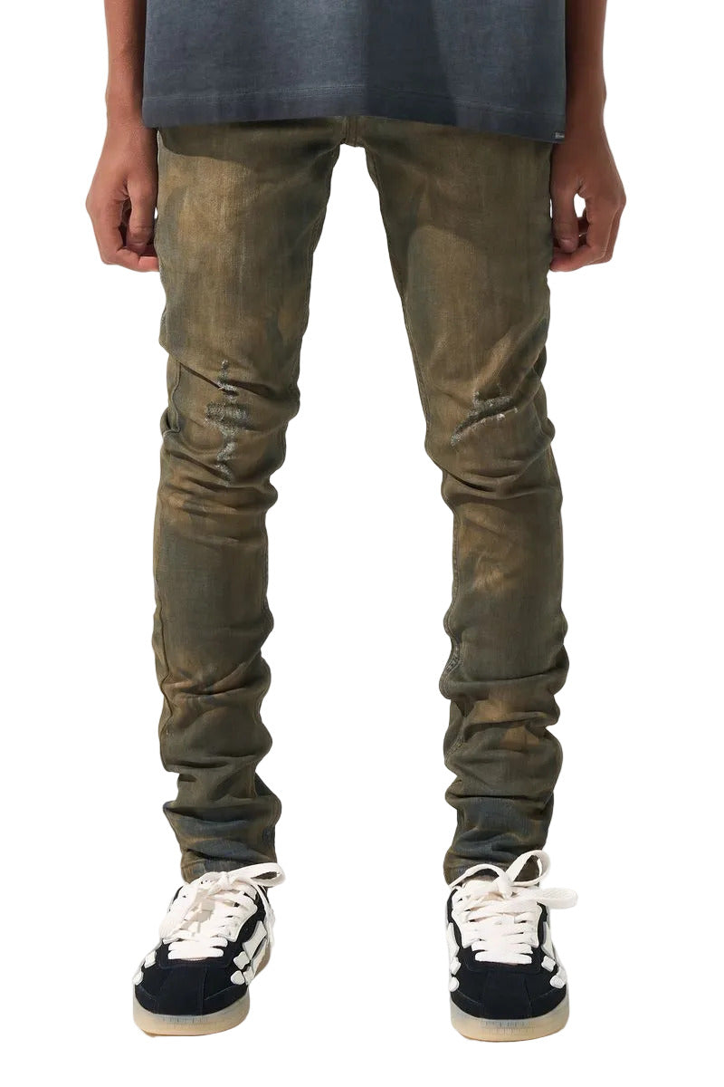 SERENEDE® Kids OUD fitted jeans in dark denim with brown overdye wash, knee distressing, and fading details.