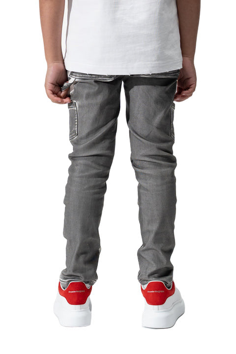 SERENEDE® KIDS Tiburon Jeans in grey overspray with white base, fitted construction, carpenter details, and branded hardware.