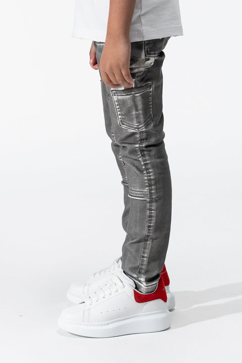 SERENEDE® KIDS Tiburon Jeans in grey overspray with white base, fitted construction, carpenter details, and branded hardware.