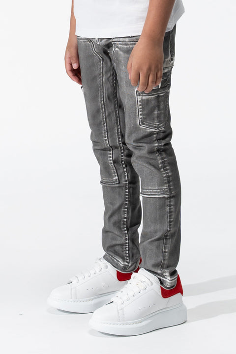 SERENEDE® KIDS Tiburon Jeans in grey overspray with white base, fitted construction, carpenter details, and branded hardware.