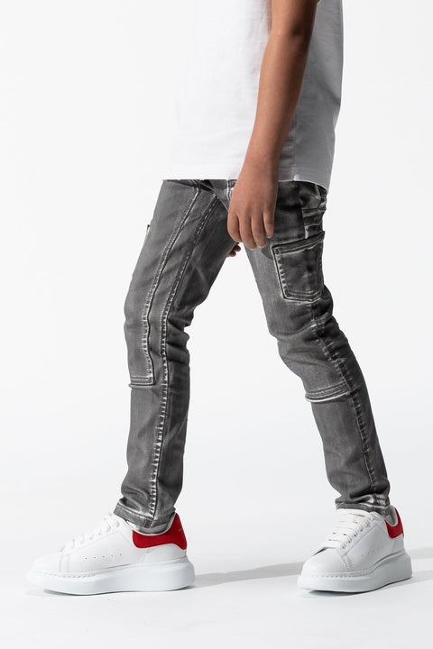 SERENEDE® KIDS Tiburon Jeans in grey overspray with white base, fitted construction, carpenter details, and branded hardware.