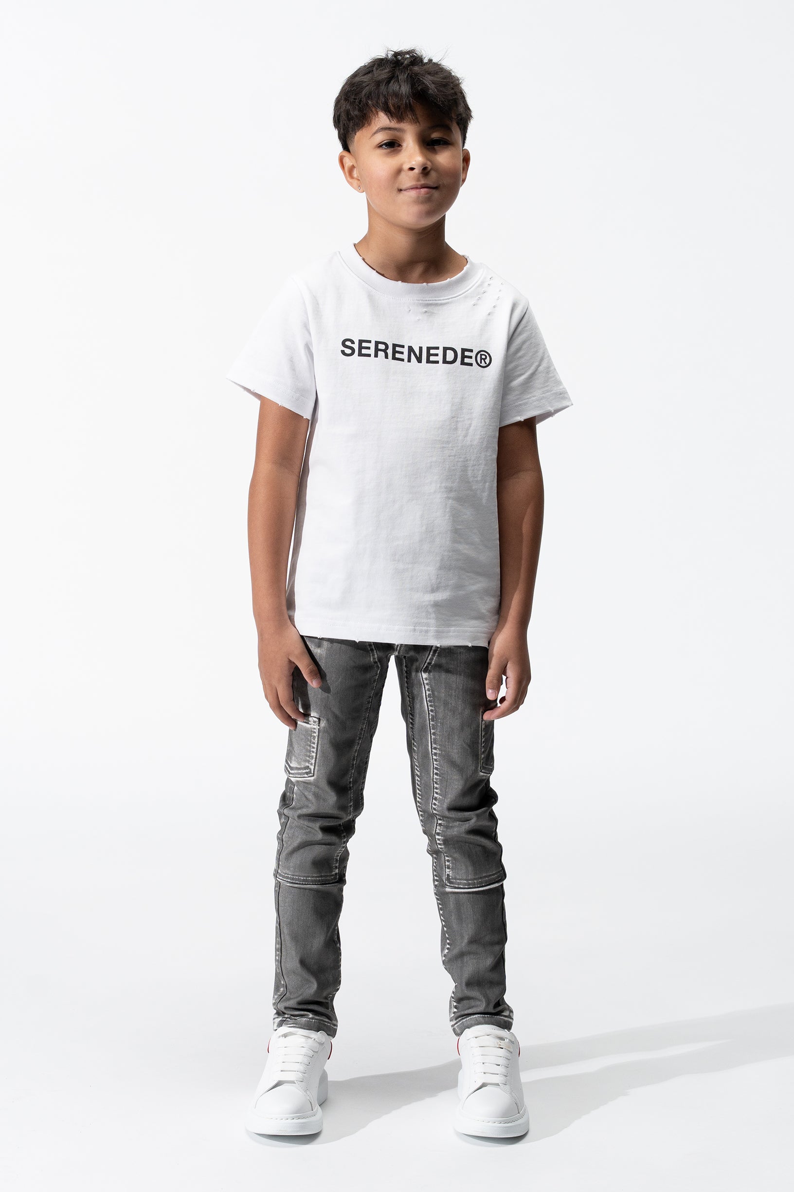 SERENEDE® KIDS Tiburon Jeans in grey overspray with white base, fitted construction, carpenter details, and branded hardware.