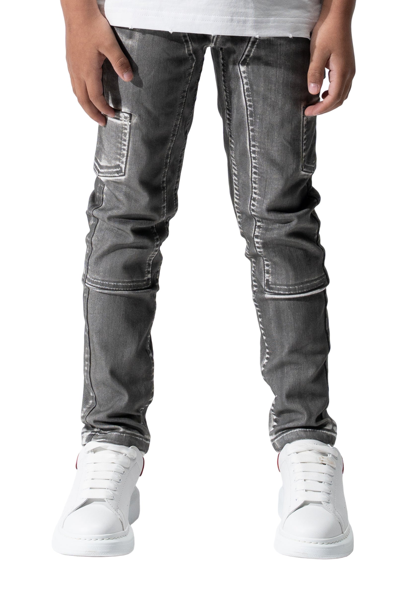 SERENEDE® KIDS Tiburon Jeans in grey overspray with white base, fitted construction, carpenter details, and branded hardware.