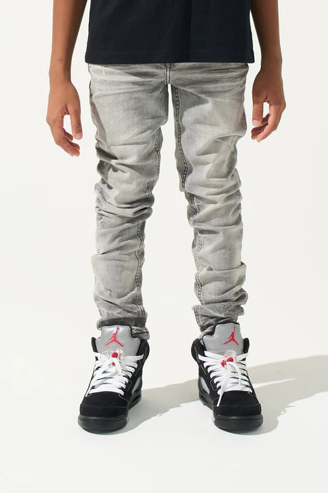 SERENEDE® KIDS TITAN grey wash denim jeans with fitted youth construction, signature branding, and five-pocket styling.