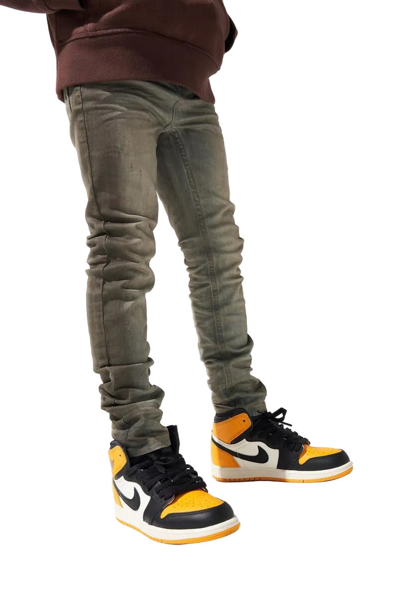 SERENEDE Kids ZINC skinny jeans in shade grey with a charcoal spray side stripe, cargo pockets, stretch denim, and branded hardware.