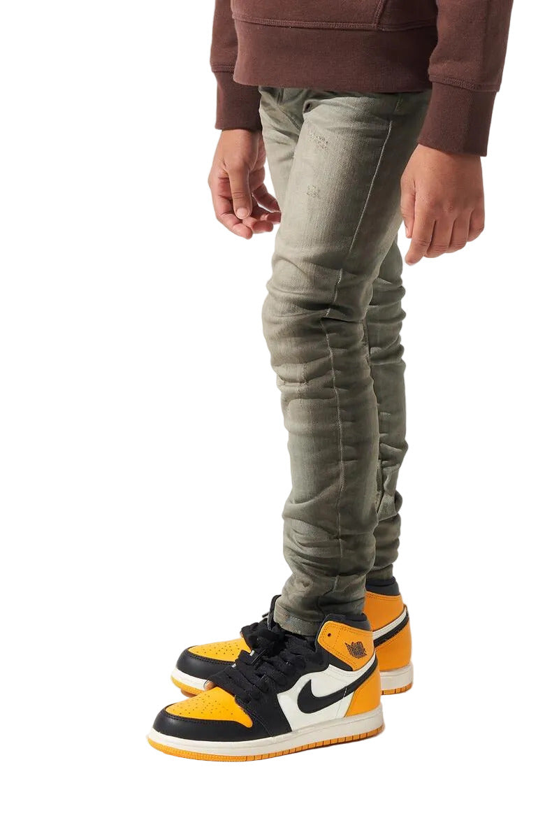 SERENEDE Kids ZINC skinny jeans in shade grey with a charcoal spray side stripe, cargo pockets, stretch denim, and branded hardware.