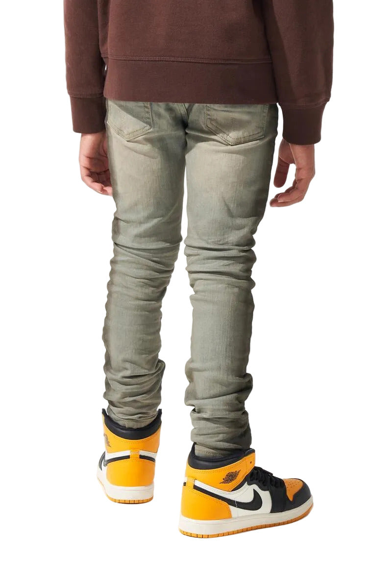 SERENEDE Kids ZINC skinny jeans in shade grey with a charcoal spray side stripe, cargo pockets, stretch denim, and branded hardware.