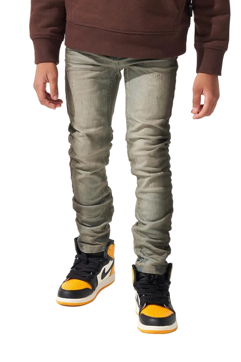 SERENEDE Kids ZINC skinny jeans in shade grey with a charcoal spray side stripe, cargo pockets, stretch denim, and branded hardware.