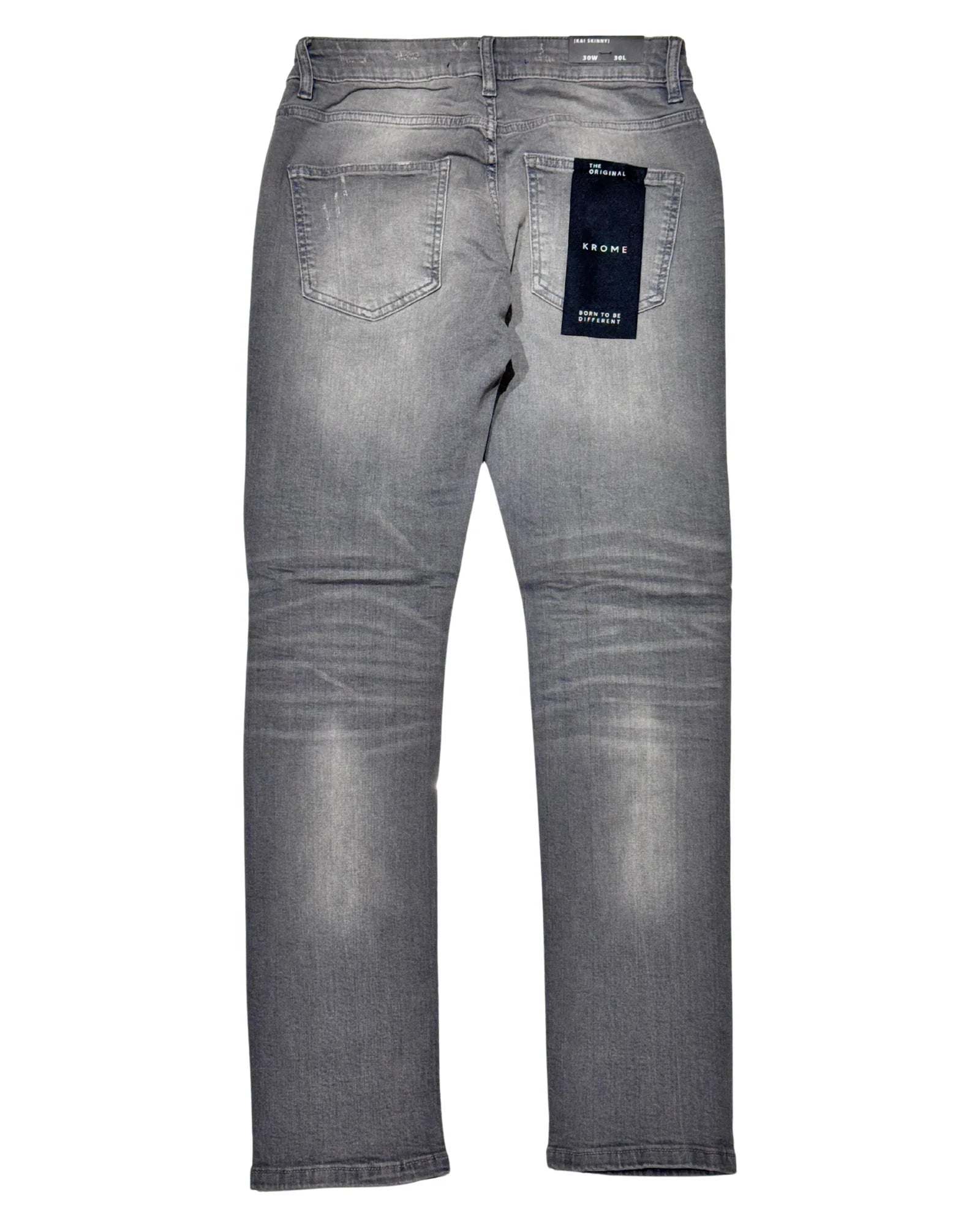 Krome Skinny Rips Jeans in Grey featuring a slim, tapered fit with distressed detailing.