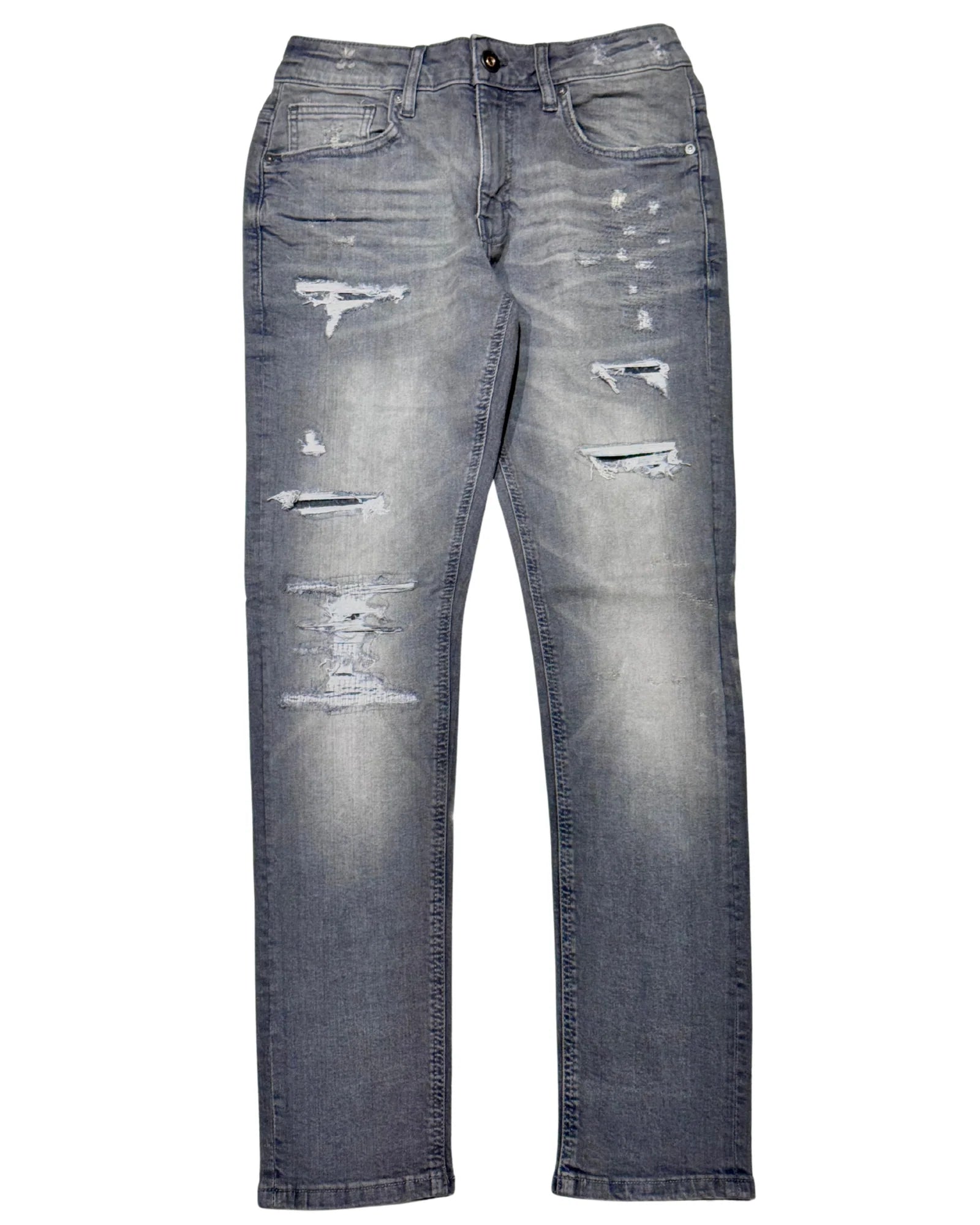 Krome Skinny Rips Jeans in Grey featuring a slim, tapered fit with distressed detailing.