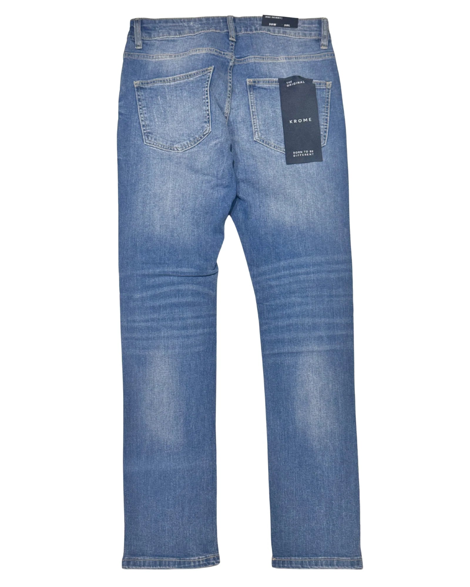 Krome Skinny Rips Jeans in Marine Blue featuring a slim, tapered fit with distressed detailing.