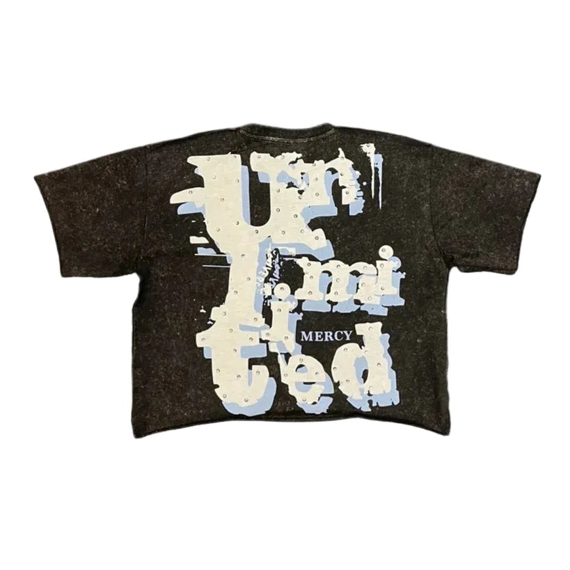 KRYPT Mercy Rhinestone mens cropped tee with front and back graphics, front rhinestones, and faded detailing
