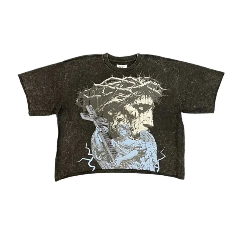 KRYPT Mercy Rhinestone mens cropped tee with front and back graphics, front rhinestones, and faded detailing