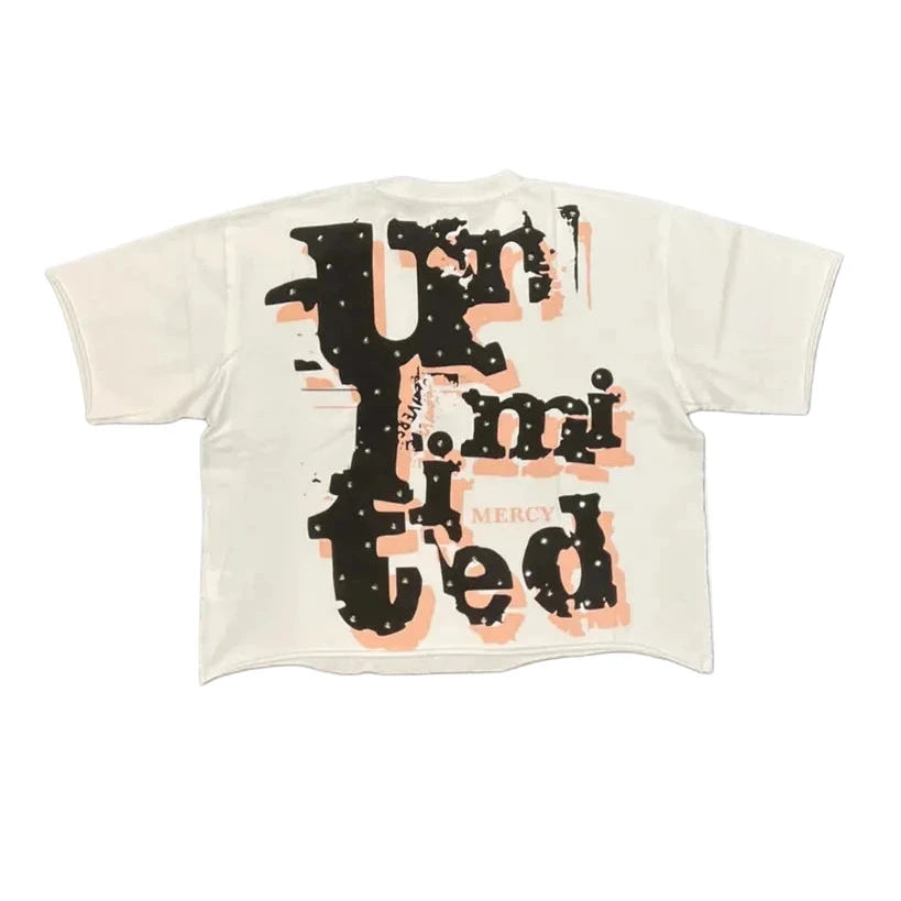 KRYPT Mercy Rhinestone mens cropped tee with front and back graphics, front rhinestones, and faded detailing