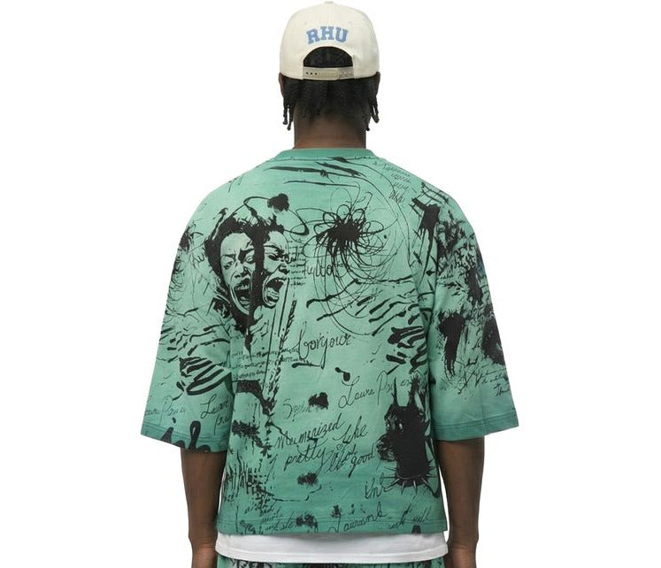 LOVE TO KLEEP STEINER teal washed set with cropped 3/4-sleeve tee, French terry shorts, bold graphic prints, and pearl stone detailing