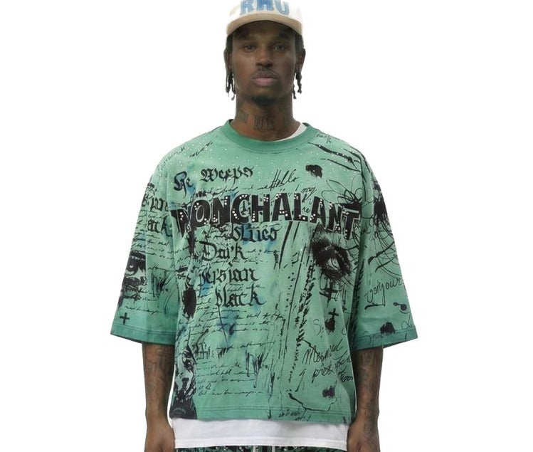 LOVE TO KLEEP STEINER teal washed set with cropped 3/4-sleeve tee, French terry shorts, bold graphic prints, and pearl stone detailing