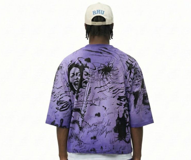 LOVE TO KLEEP TOOLEY lavender washed cropped 3/4-sleeve tee with bold graphic print and pearl stone detailing