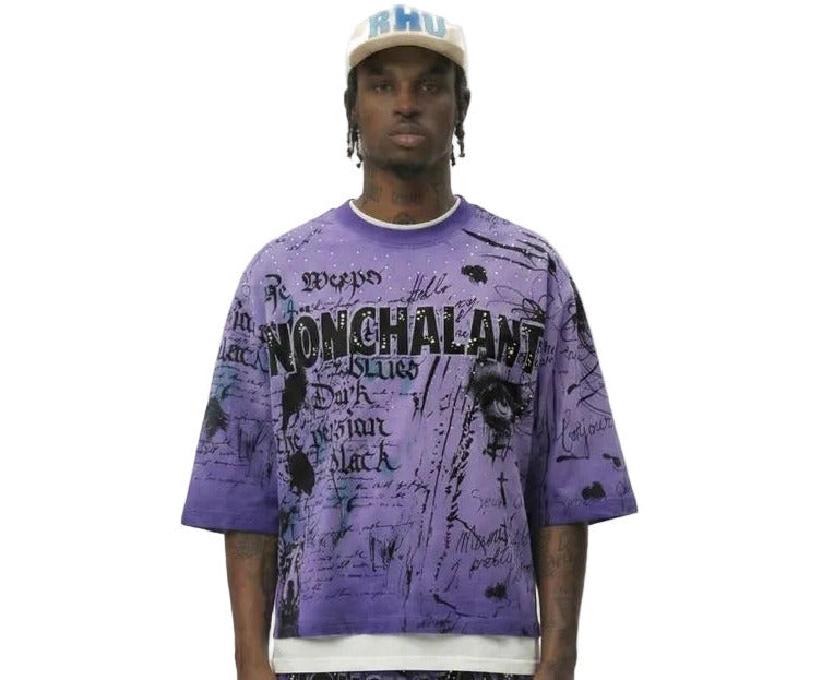 LOVE TO KLEEP TOOLEY lavender washed cropped 3/4-sleeve tee with bold graphic print and pearl stone detailing
