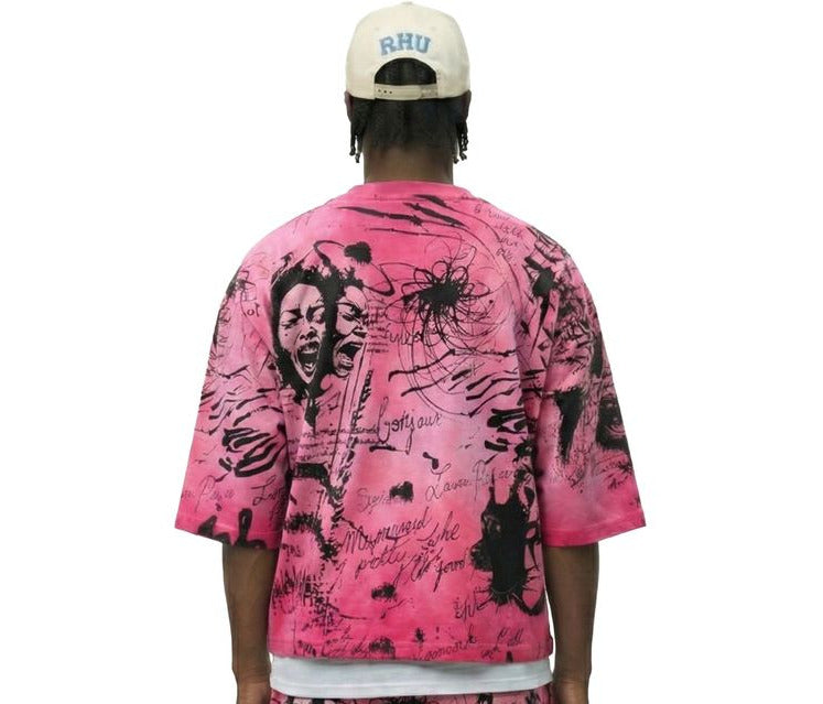 LOVE TO KLEEP HARVEY hot pink washed cropped 3/4-sleeve tee with bold graphic print and pearl stone detailing