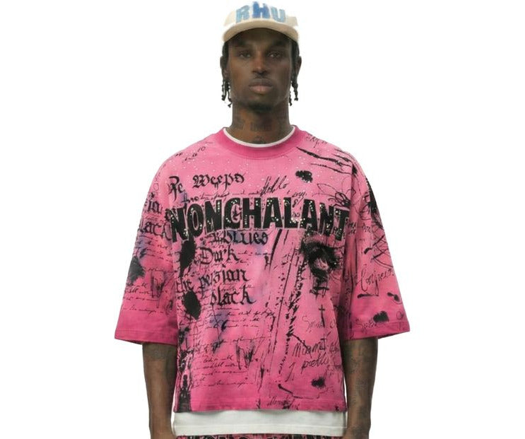 LOVE TO KLEEP HARVEY hot pink washed cropped 3/4-sleeve tee with bold graphic print and pearl stone detailing