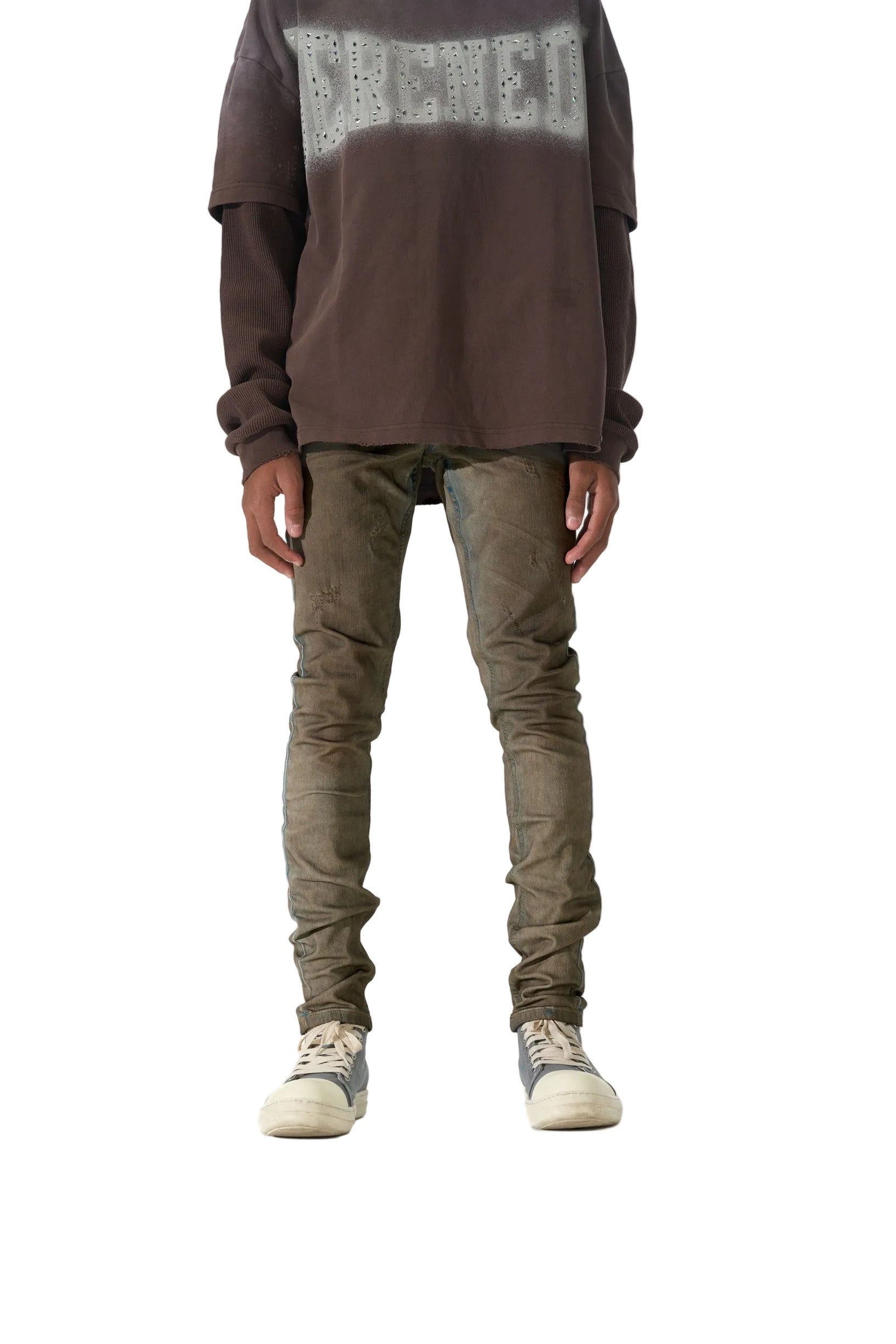 SERENEDE Kids Nightfall jeans in army olive overdyed denim with contrast blue side-seam accents and a fitted streetwear silhouette.