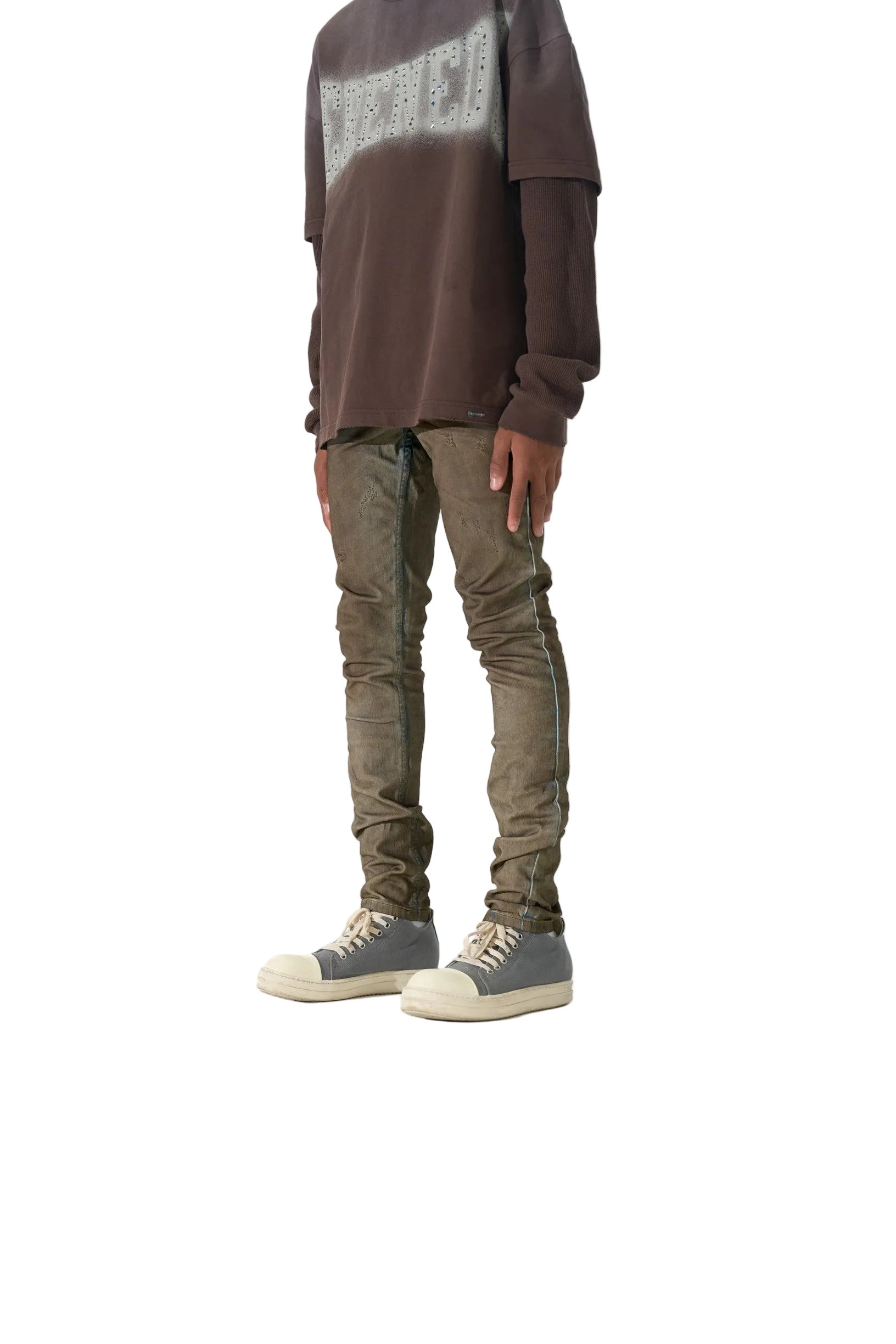 SERENEDE Kids Nightfall jeans in army olive overdyed denim with contrast blue side-seam accents and a fitted streetwear silhouette.