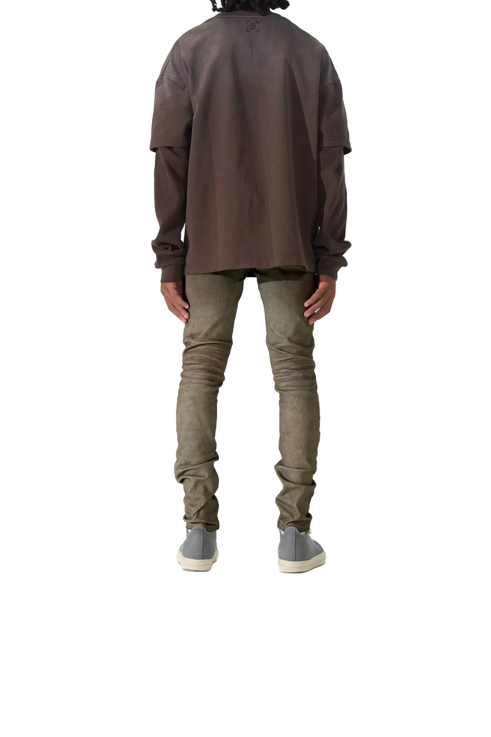 SERENEDE Kids Nightfall jeans in army olive overdyed denim with contrast blue side-seam accents and a fitted streetwear silhouette.