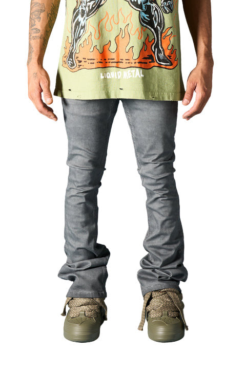 SERENEDE® LEAD stacked jeans in grey wash with cobalt tint, fading detail, extended length, fitted silhouette, and branded hardware.