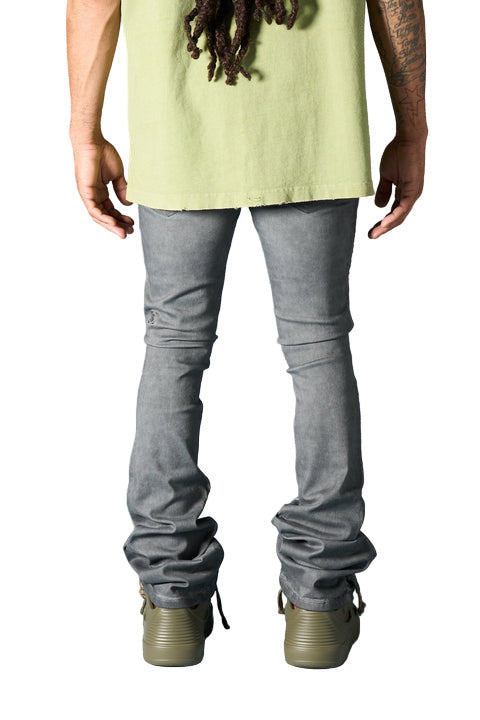 SERENEDE® LEAD stacked jeans in grey wash with cobalt tint, fading detail, extended length, fitted silhouette, and branded hardware.