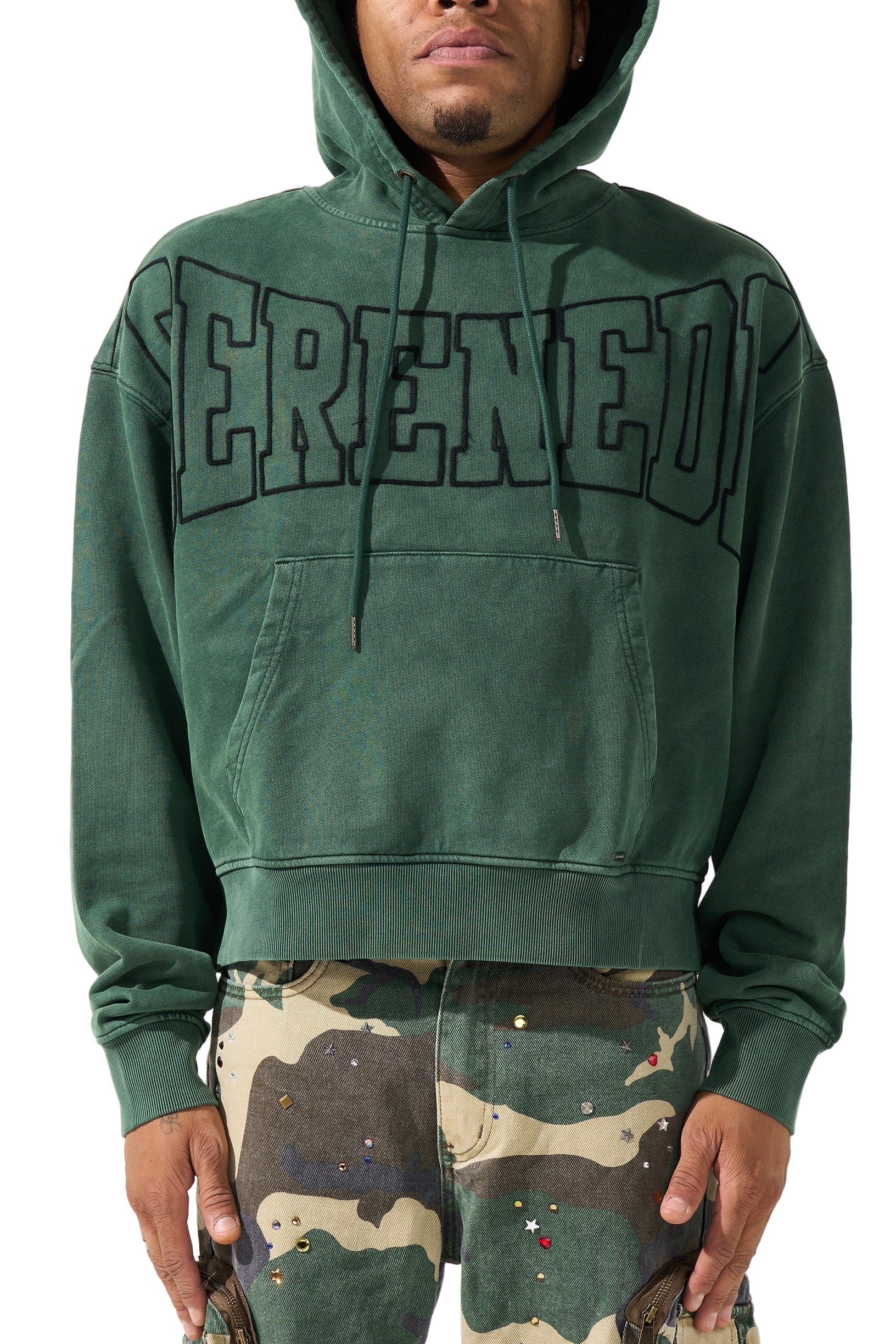 SERENEDE® LEGACY Hunter Hoodie in vintage hunter green with embroidered chest branding, kangaroo pocket, and relaxed streetwear fit.