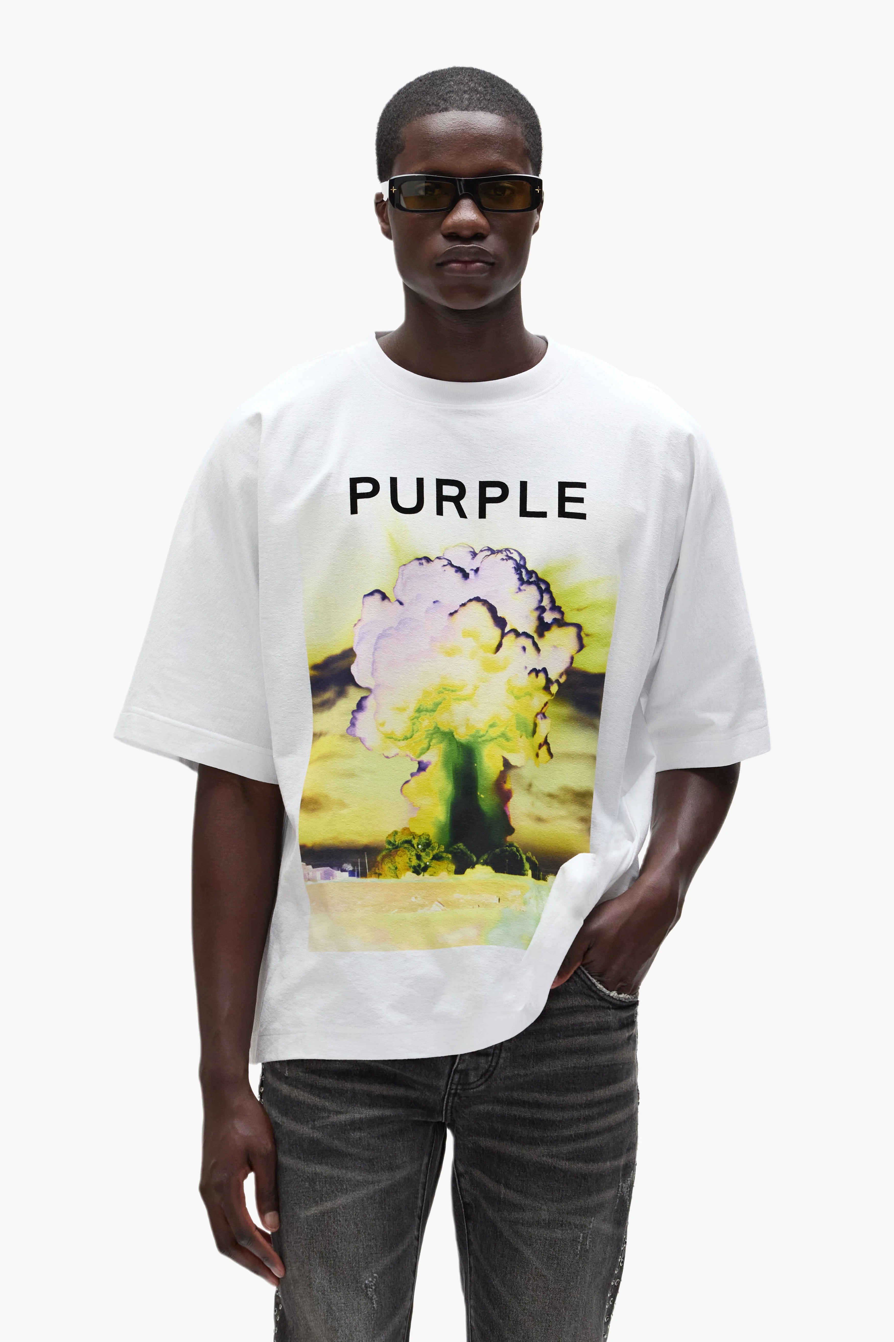 “White Purple Brand loose fit short-sleeved tee with colorful digital print and flocked lettering on chest”