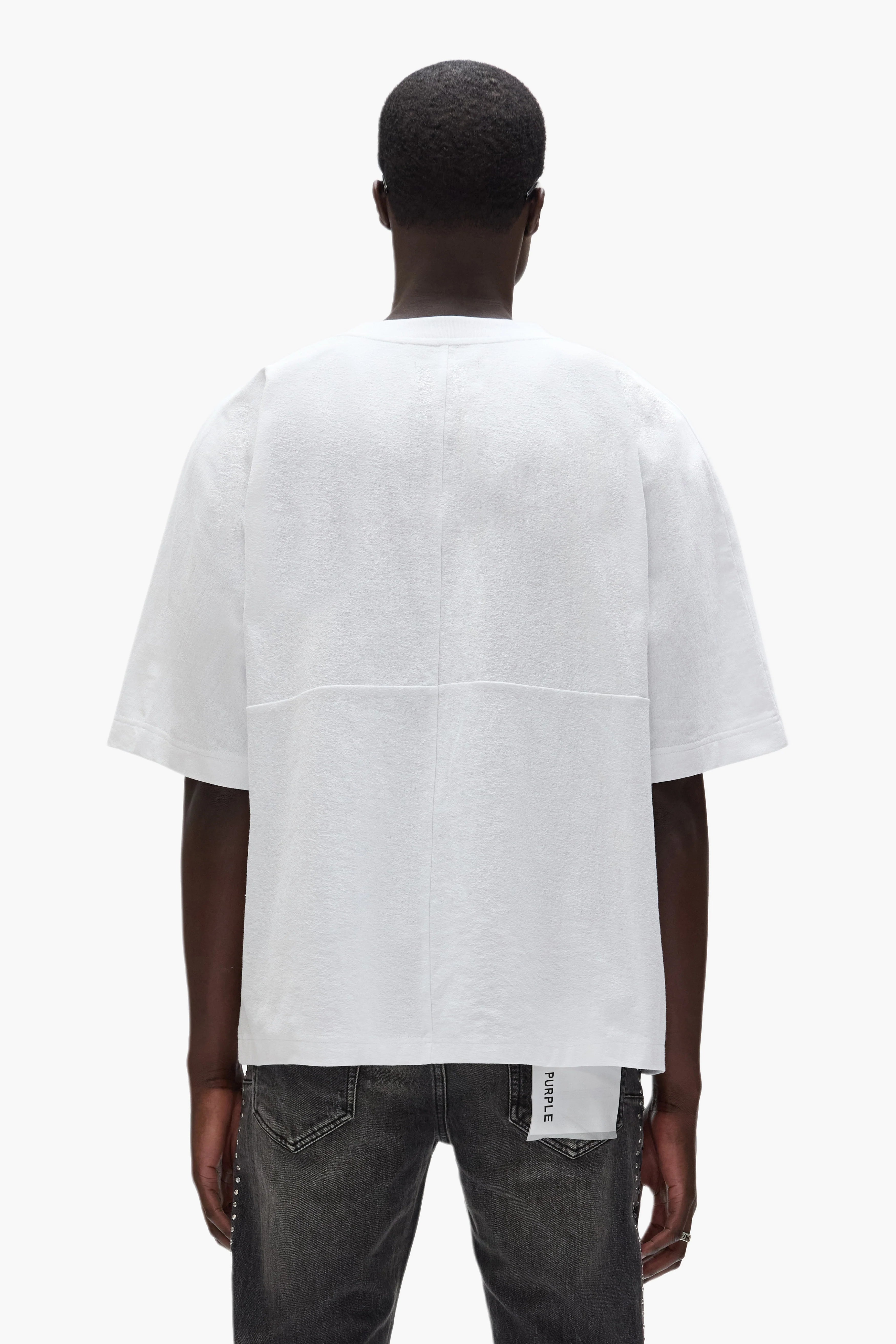 “White Purple Brand loose fit short-sleeved tee with colorful digital print and flocked lettering on chest”