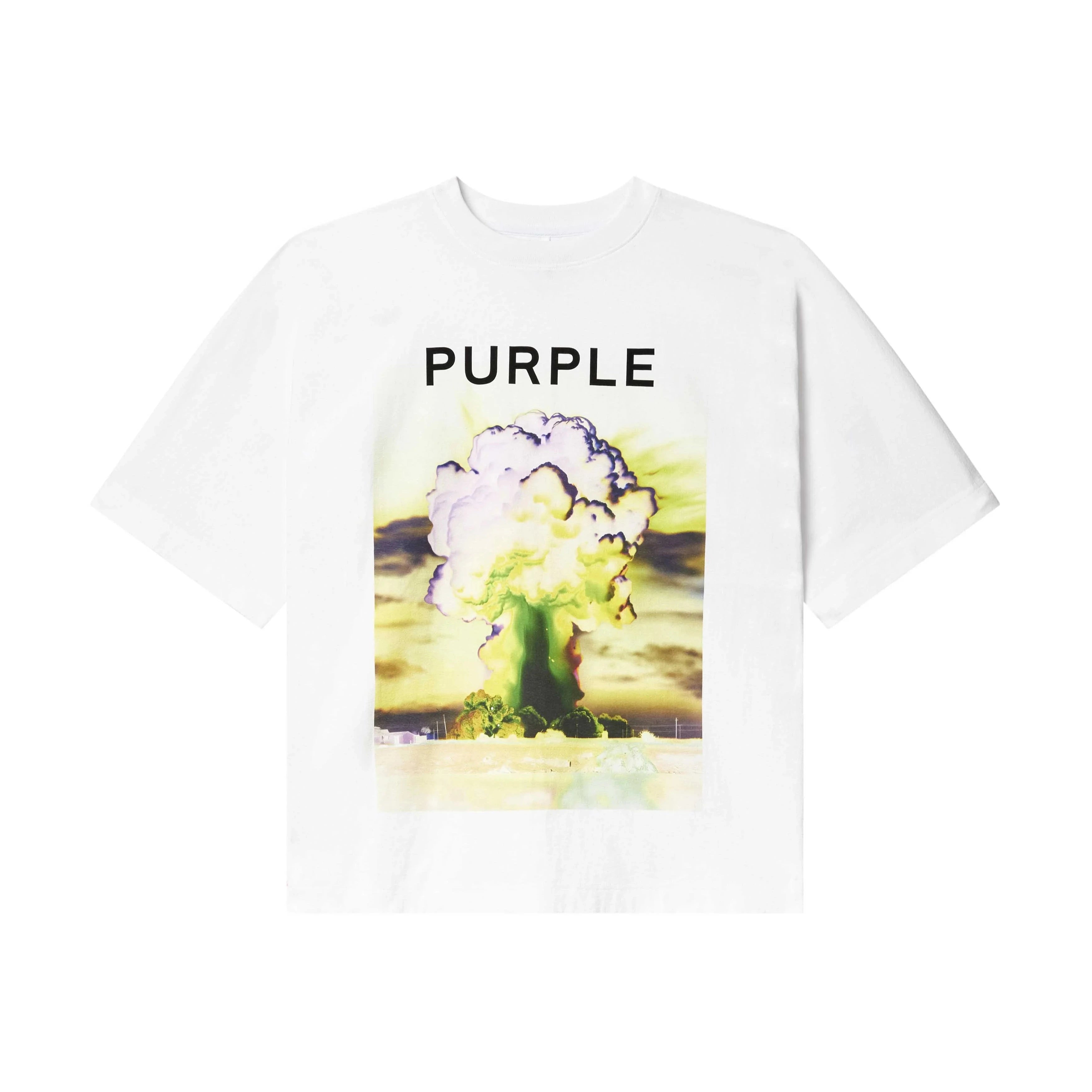 “White Purple Brand loose fit short-sleeved tee with colorful digital print and flocked lettering on chest”