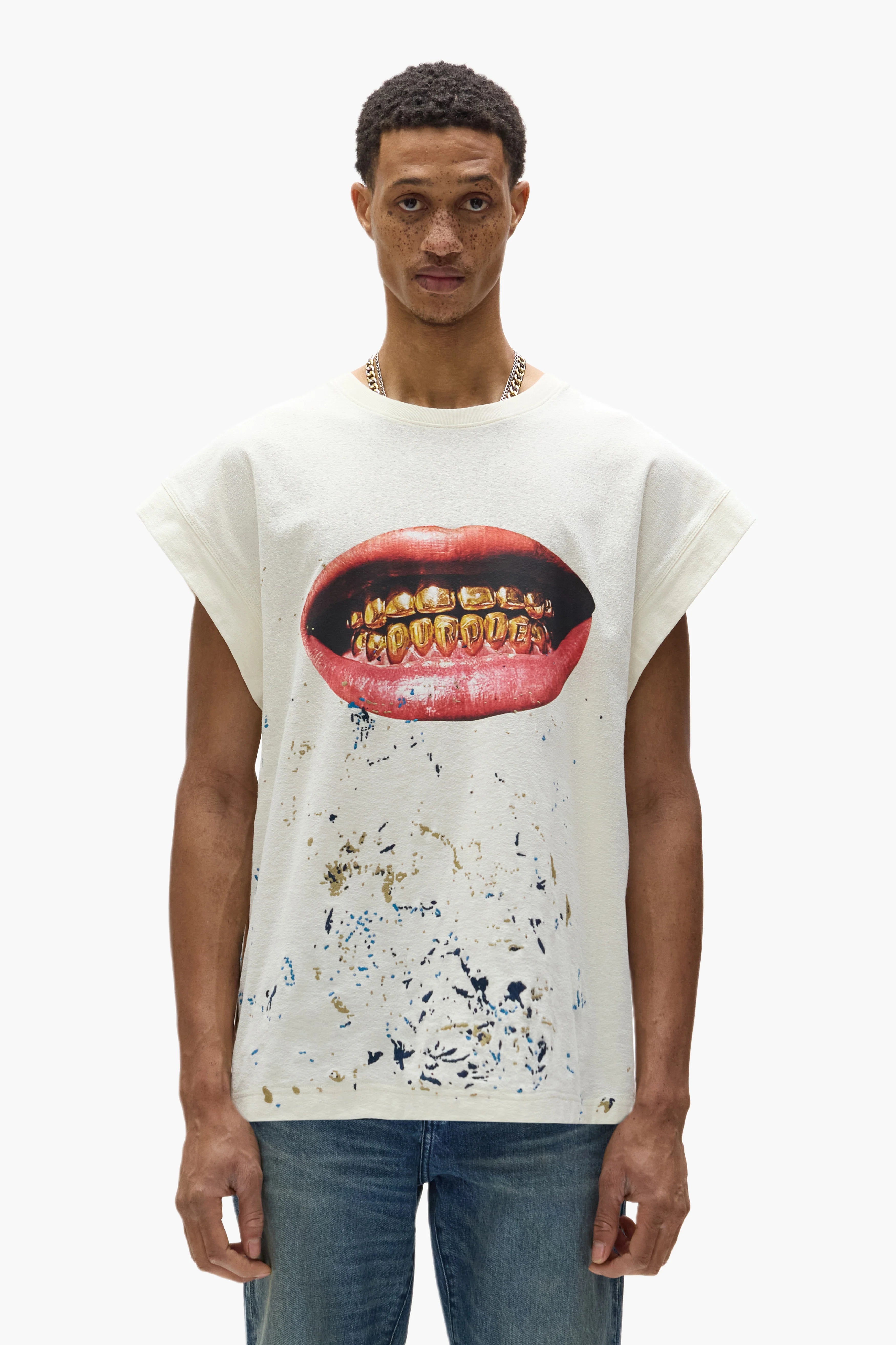 Purple Brand white sleeveless tee with oversized fit, chest graphic, and embroidery laid flat