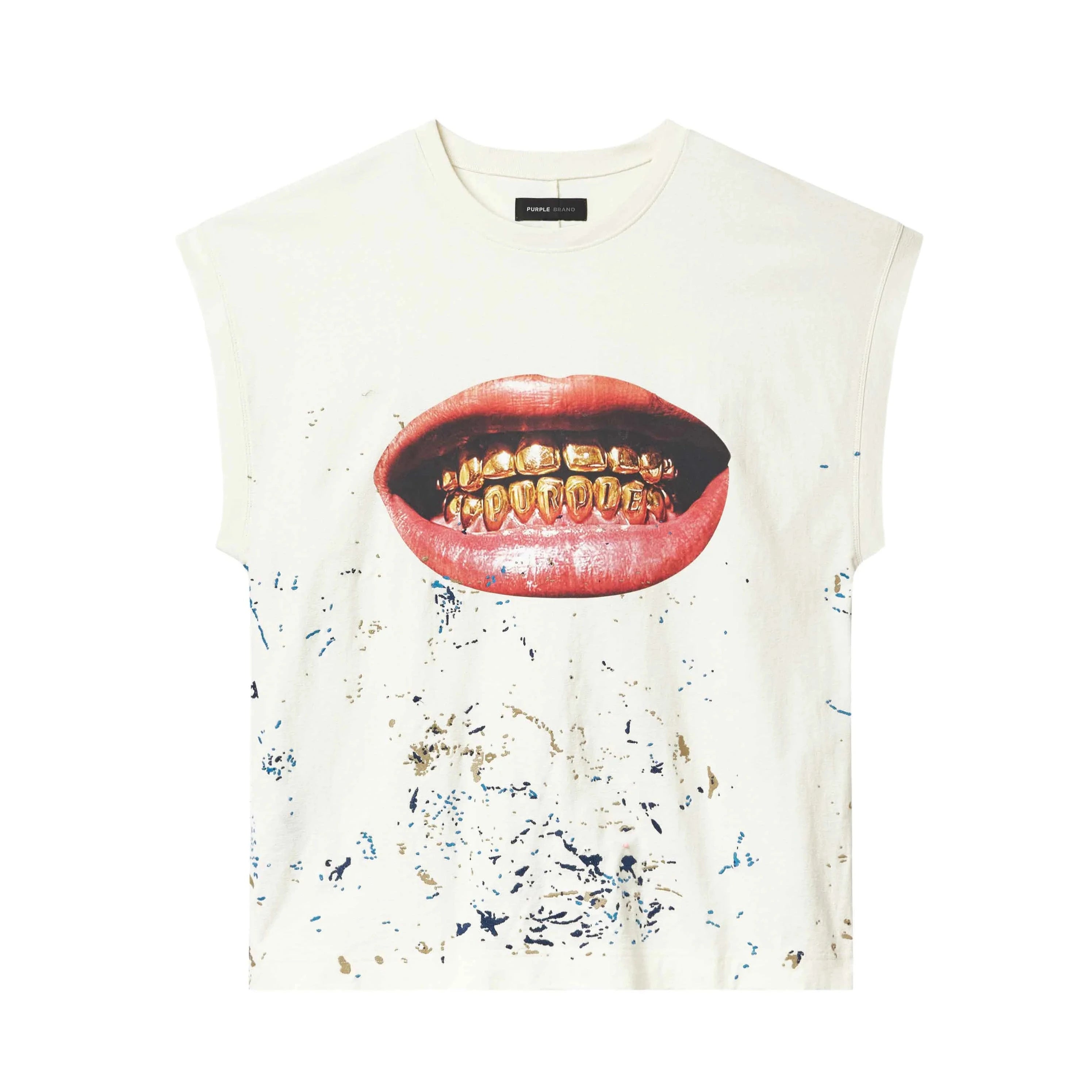Purple Brand white sleeveless tee with oversized fit, chest graphic, and embroidery laid flat