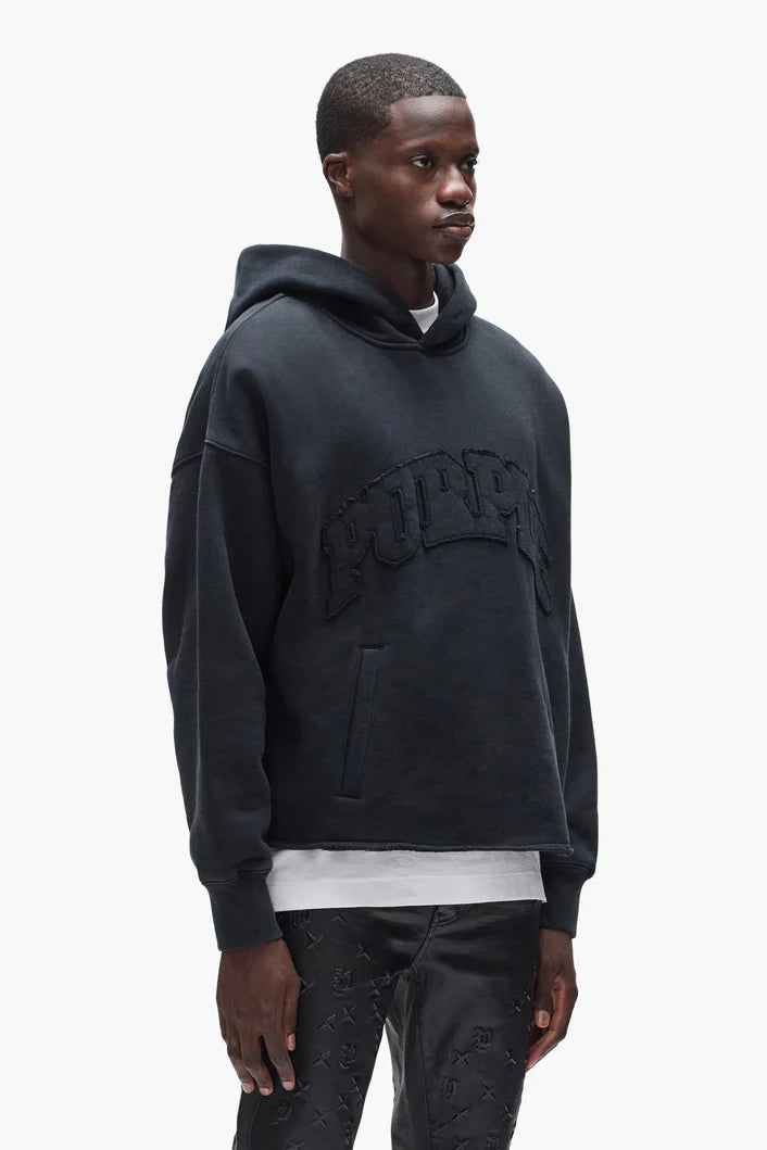 Purple-Brand Slab Wordmark oversized hoodie in heavyweight cotton fleece with applique and welt hand pocket.