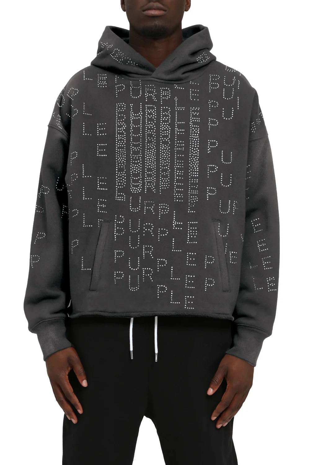 Purple Brand M4104 black heavyweight fleece oversized hoodie with signature hang tag.