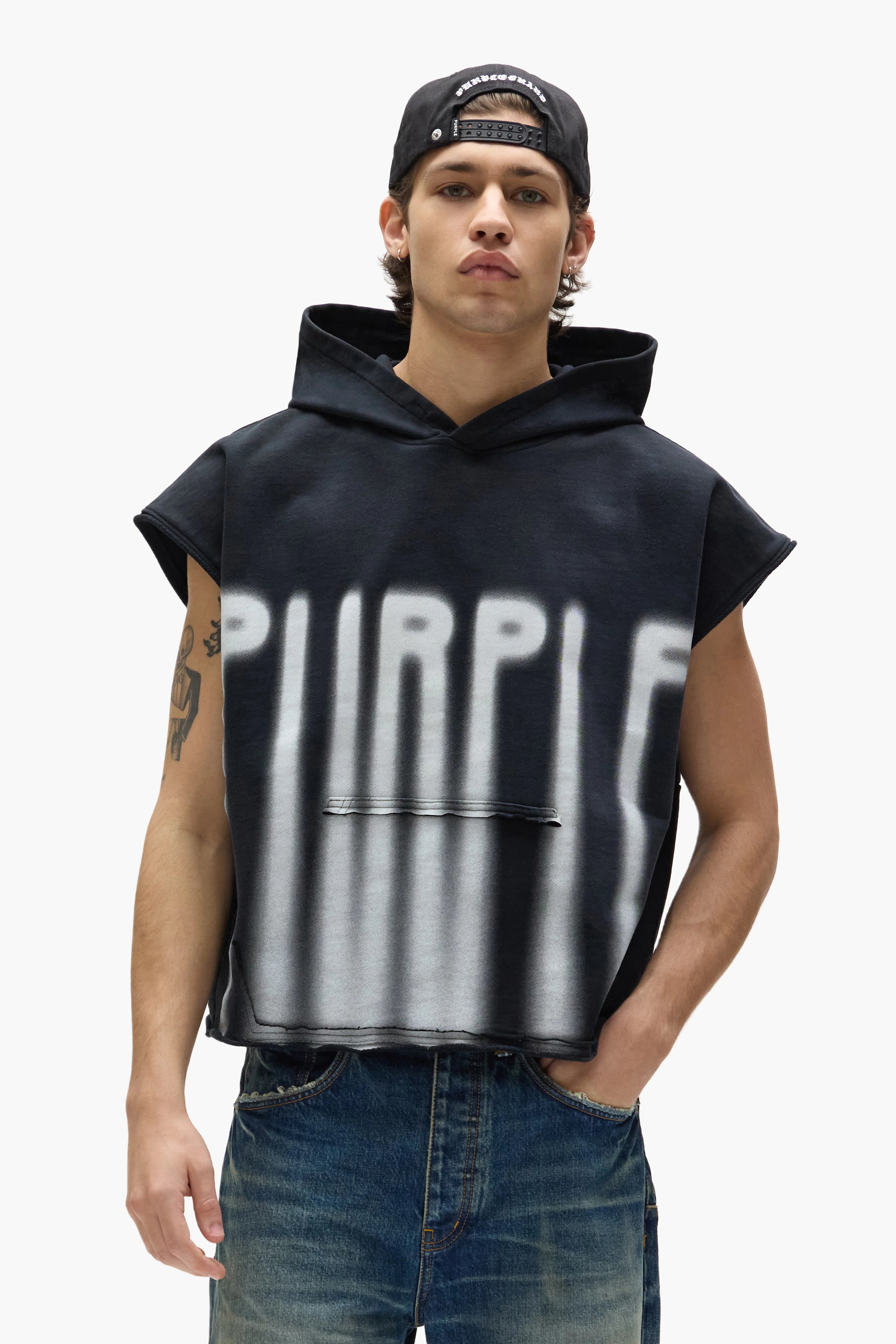 Purple Brand sleeveless black hoodie with oversized fit and bold front chest lettering