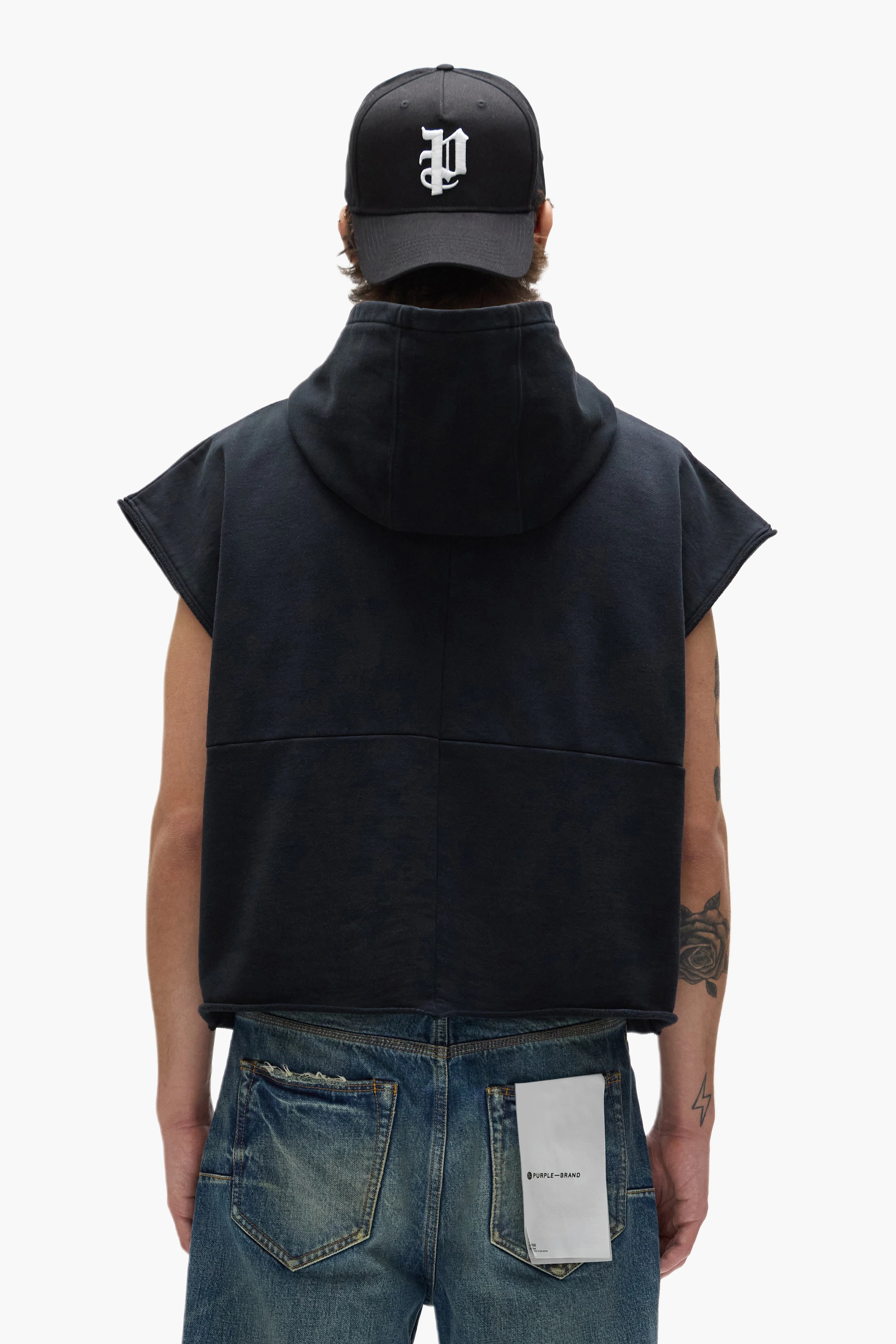 Purple Brand sleeveless black hoodie with oversized fit and bold front chest lettering
