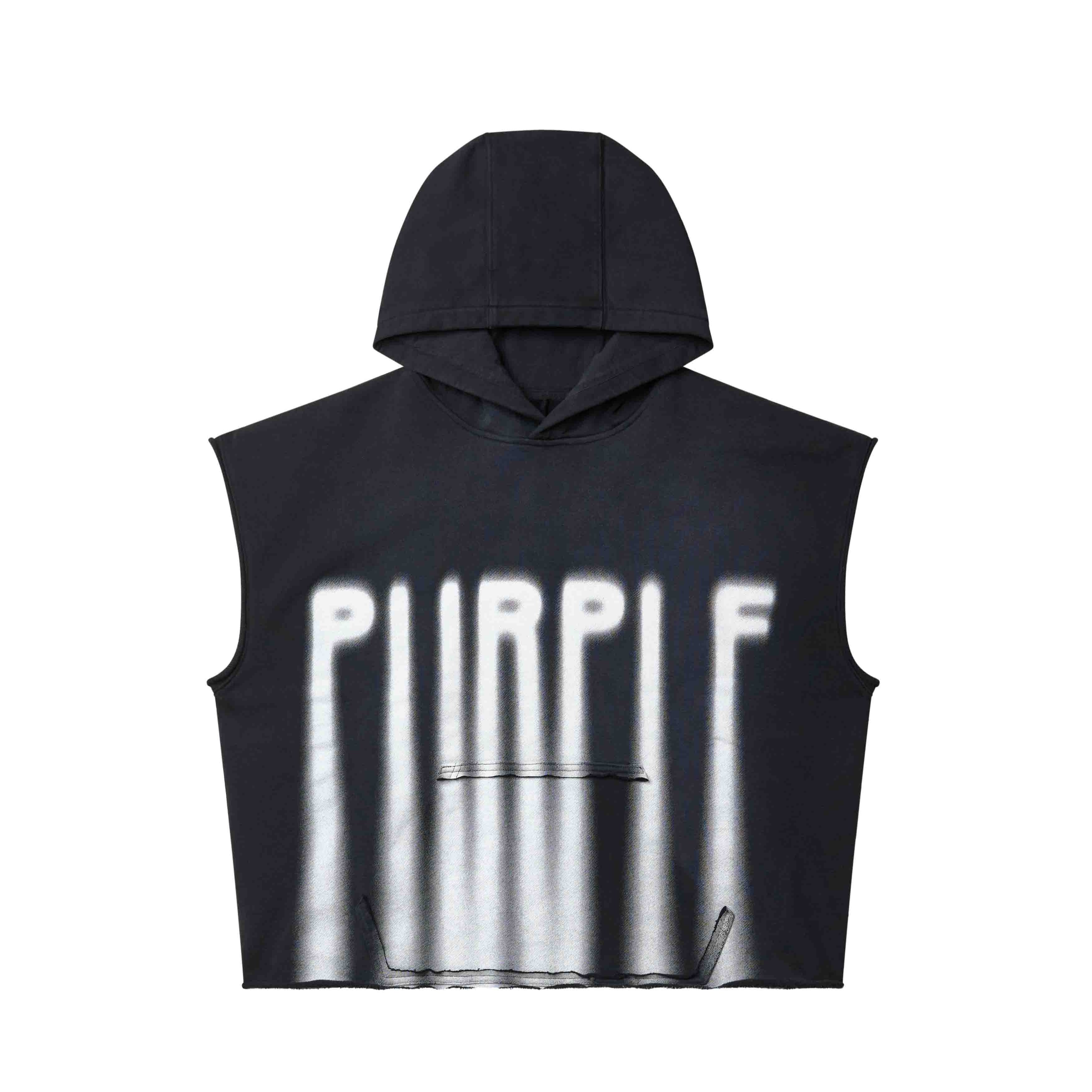 Purple Brand sleeveless black hoodie with oversized fit and bold front chest lettering