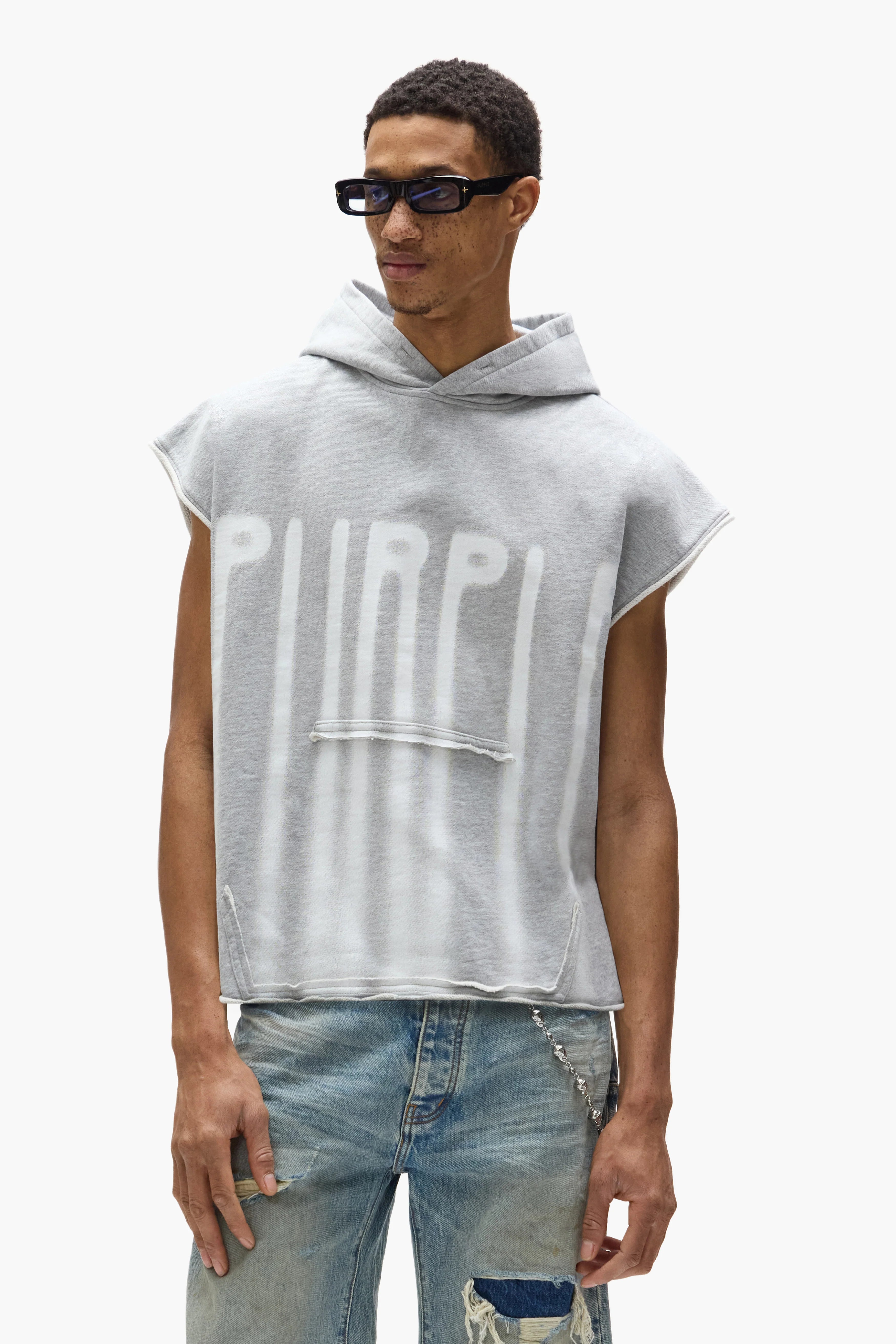 Purple Brand oversized sleeveless hoodie with front logo print and kangaroo pocket