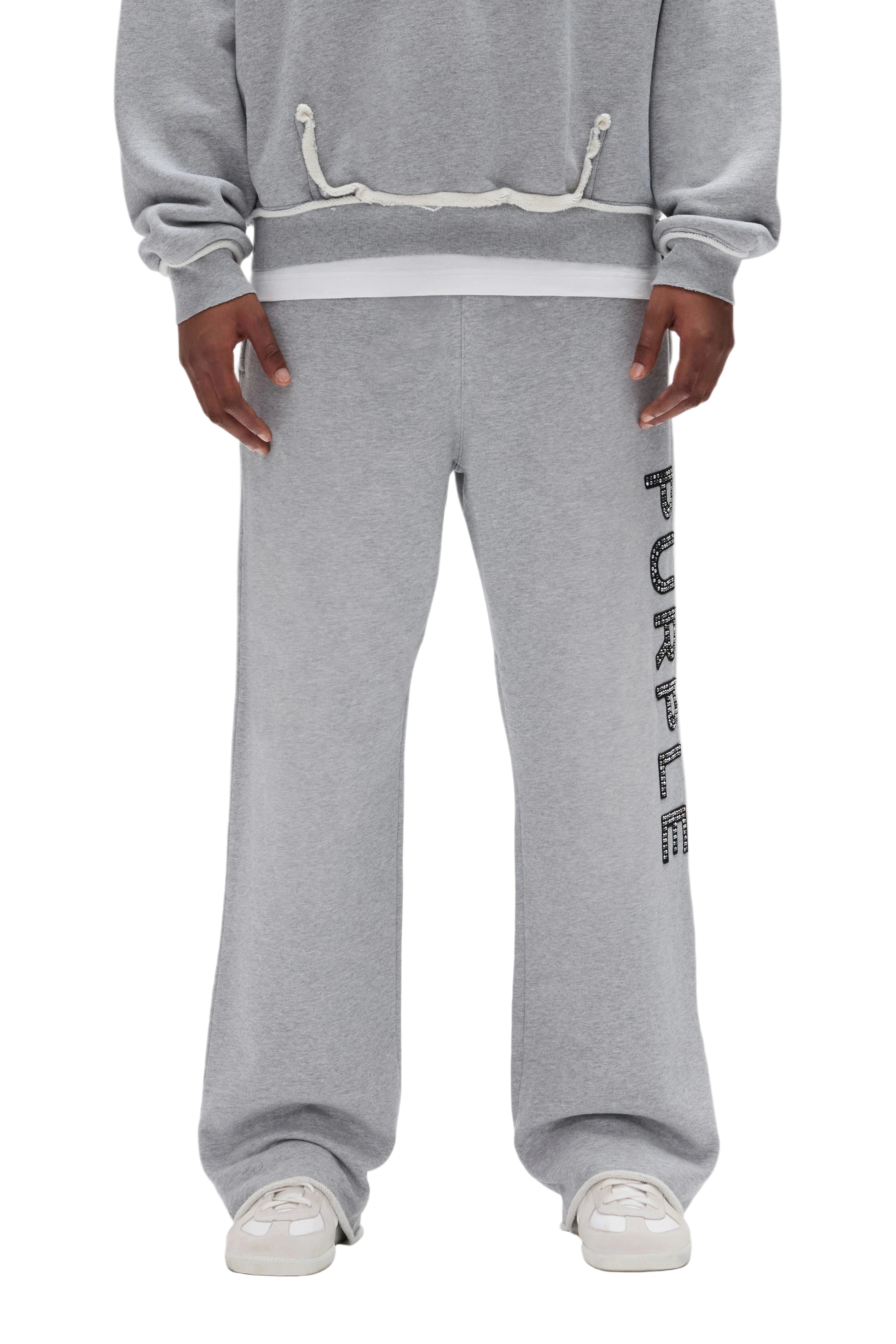 Purple Crystal Applique Sweatpant in gray with detailed crystal embellishments and relaxed streetwear fit.